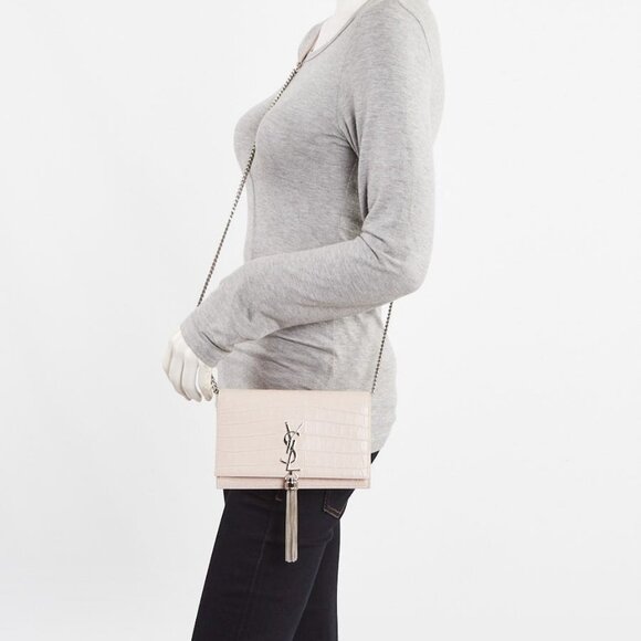 Yves Saint Laurent Pink Croc Embossed Leather Small Kate Tassel Bag - Picture 3 of 11